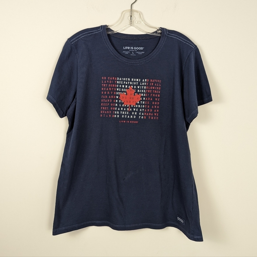 Life is Good Women's Crusher Tee - 'O Canada' Patriotic Print, Navy, Size L